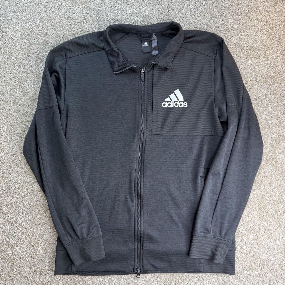Adidas Track Jacket Mens Medium Black Full Zip Logo Training Athletic Warmup